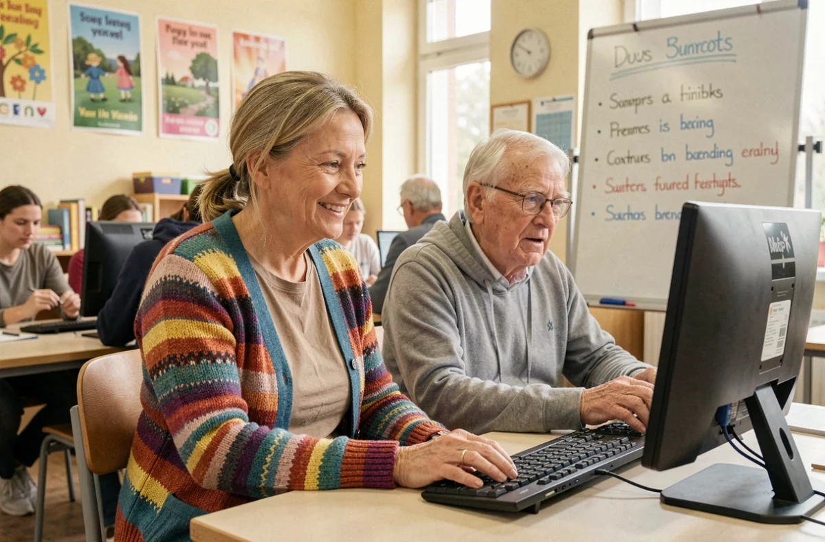 Formatrice d'Abracadaclic guidant un adulte lors d'une initiation à l'informatique dans le Doubs