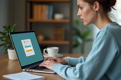Femme accédant à un intranet académique depuis son ordinateur personnel à domicile