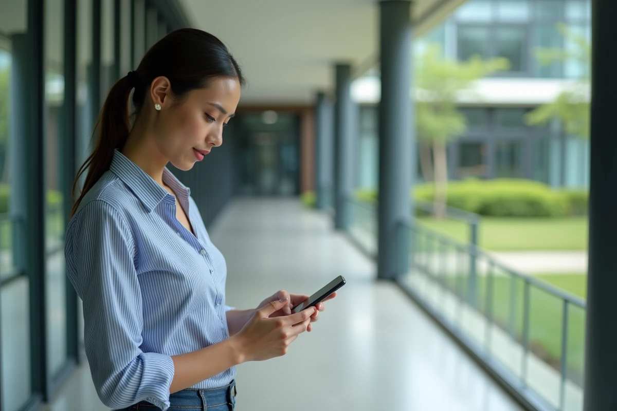 Jeune professionnelle consultant ses emails INRAE sur smartphone dans un couloir d'un bâtiment de recherche