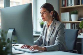 Chercheuse consultant sa messagerie INRAE via un navigateur web sur un ordinateur de bureau dans un bureau professionnel