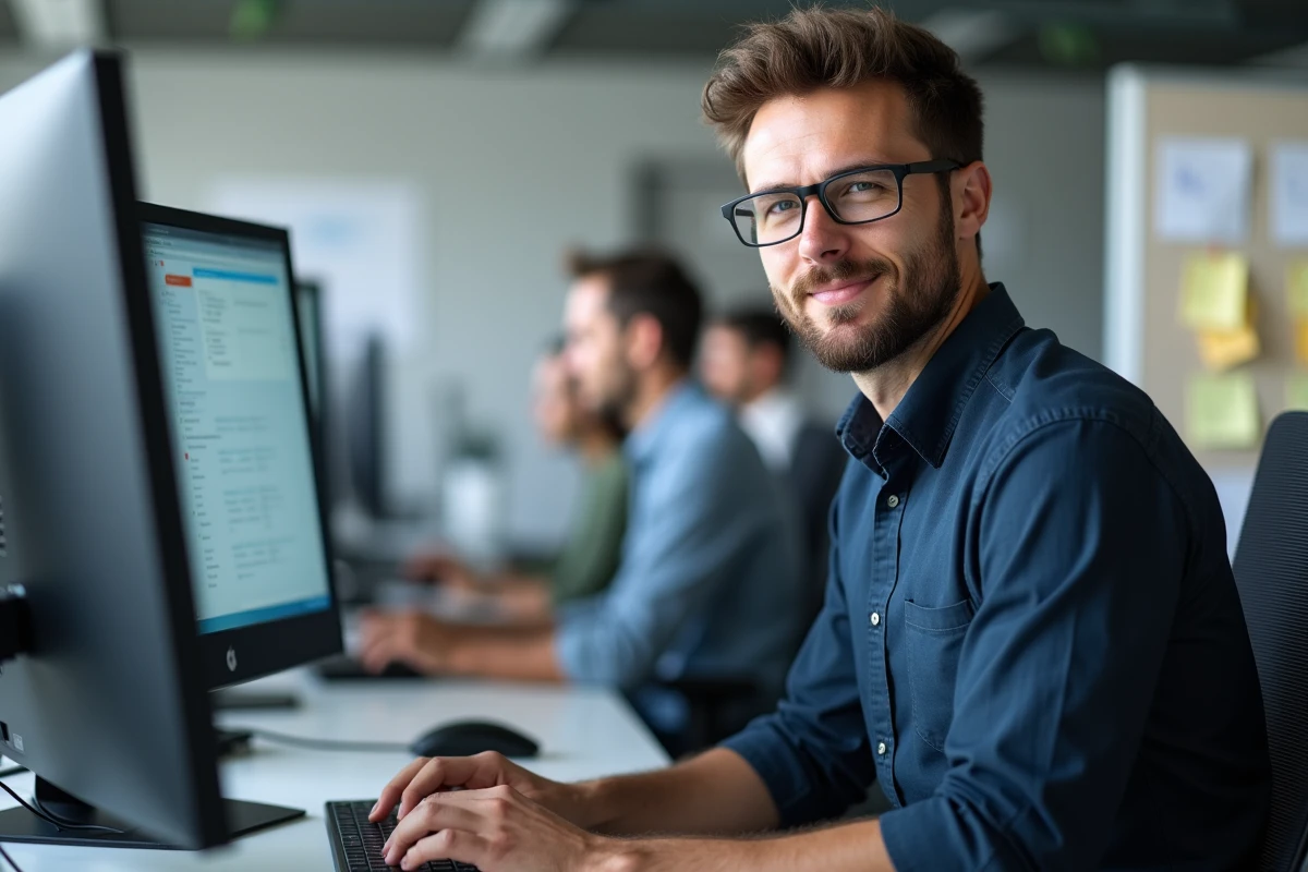 Administrateur informatique universitaire gérant la configuration de messagerie Zimbra et Gmail sur un poste multi-écrans