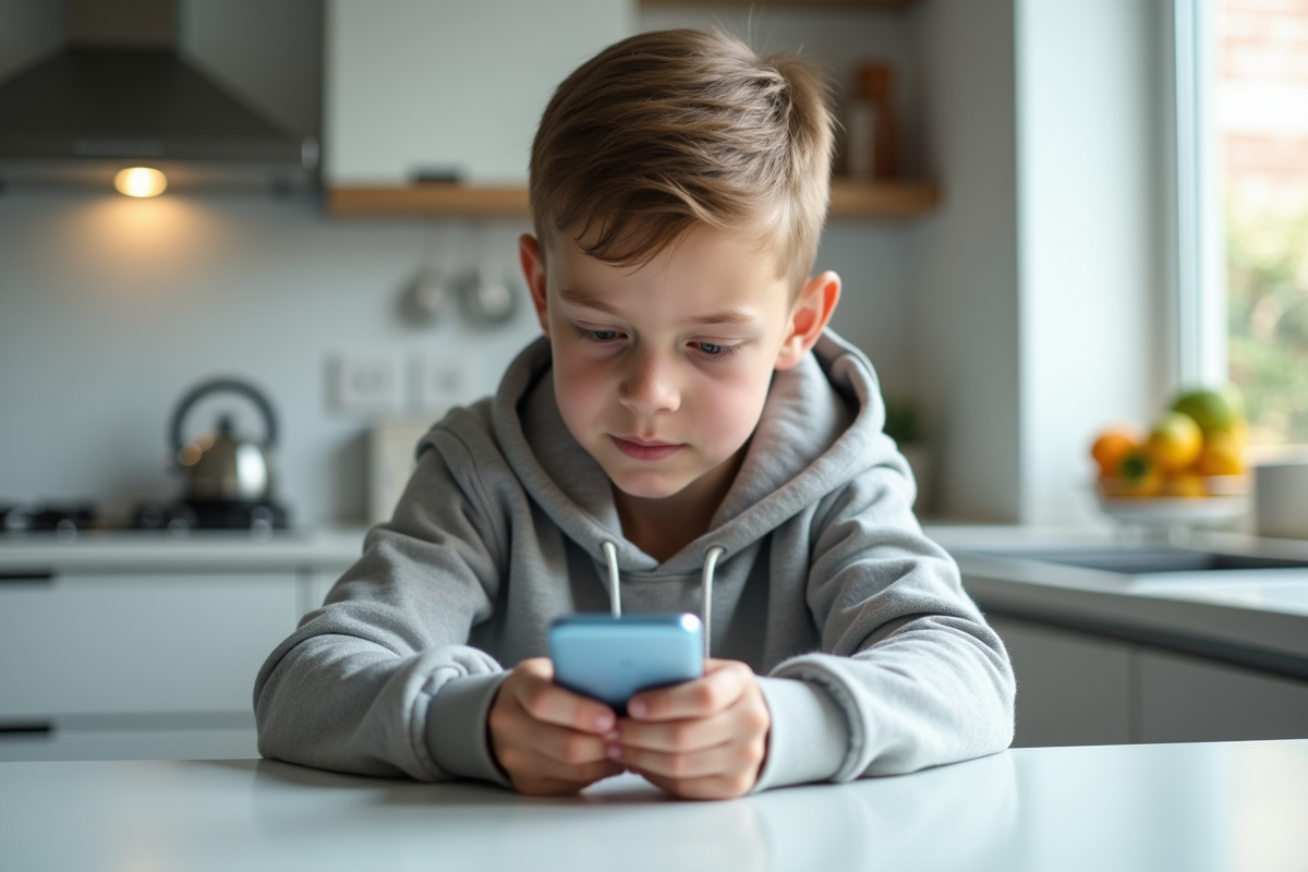 Adolescent regardant son smartphone dans la cuisine