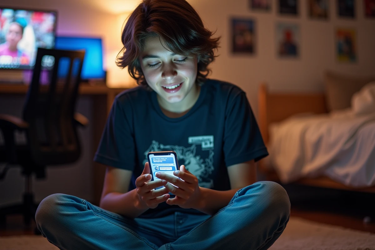 Adolescent assis par terre lisant un chat Discord avec formatage italique, gras et spoiler sur smartphone