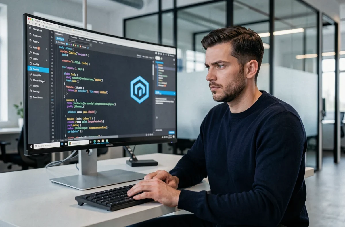 Développeur de l'agence Hexium concentré sur un projet WordPress dans un bureau moderne
