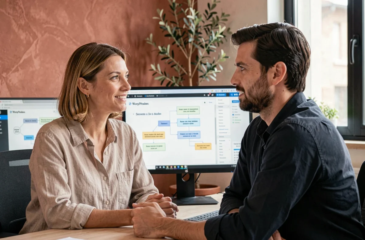 Deux collaborateurs de l'agence Keole et Gazoline travaillant sur un projet WordPress