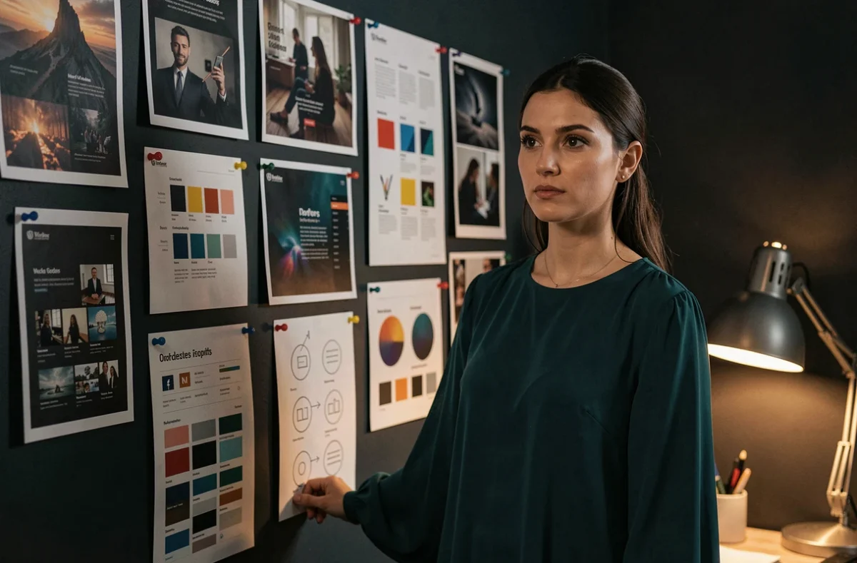 Designer UX de l'agence Limbus devant un moodboard de projet WordPress à l'identité visuelle sombre