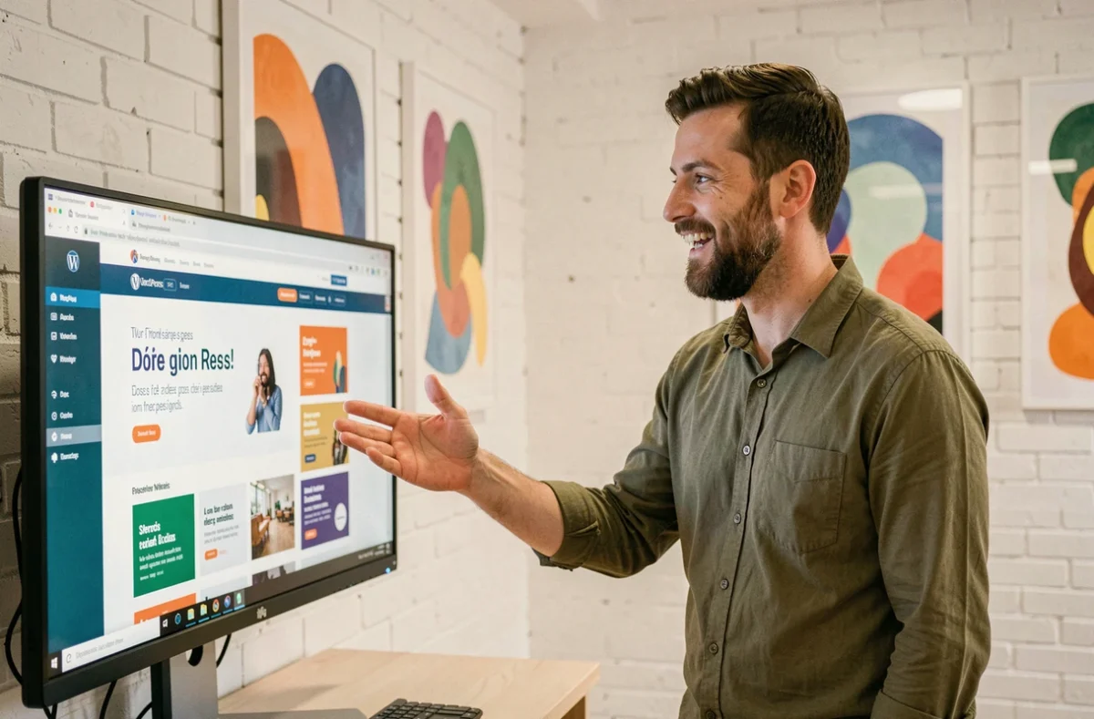 Développeur de l'agence Youdemus présentant un thème WordPress personnalisé à un client