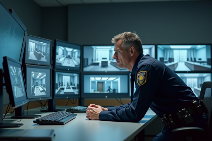 Agent de securite en uniforme surveillant des ecrans