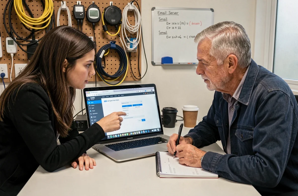 Deux collègues de l'académie de Toulouse s'entraident pour configurer et utiliser le webmail institutionnel lors d'une session d'intégration