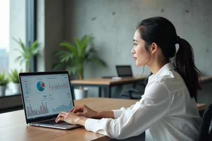 Femme analyste en entreprise consultant un tableau de bord IA sur ordinateur portable pour évaluer le retour sur investissement en intelligence artificielle