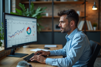 Homme d'affaires analysant des graphiques sur un ordinateur