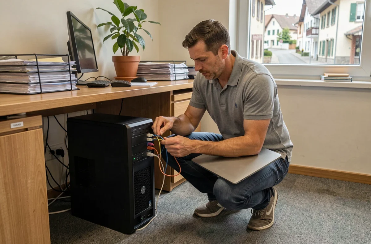 Technicien ANS Informatique effectuant une maintenance sur site dans un bureau à Pontarlier