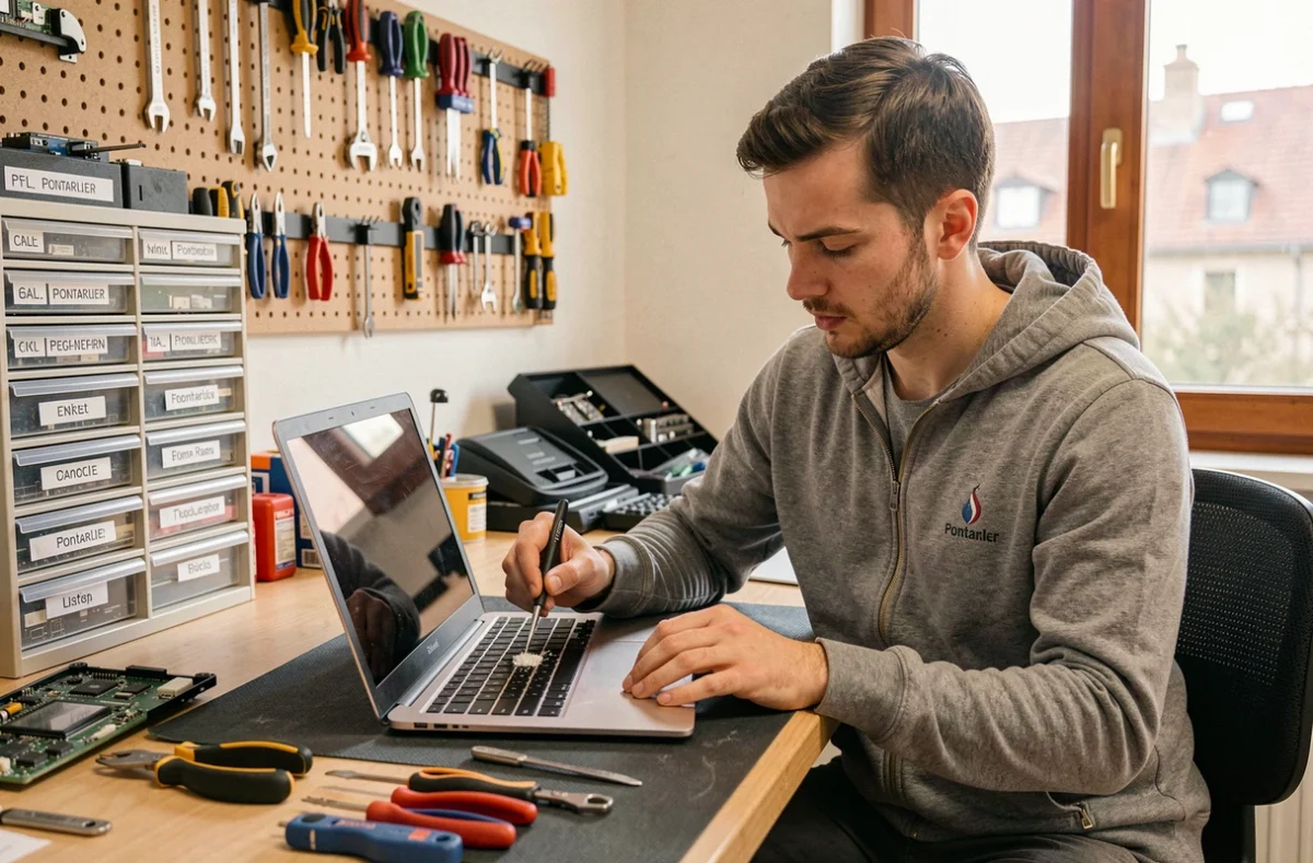 Technicien Arobaz Informatique remplaçant l'écran d'un ordinateur portable dans son atelier à Pontarlier