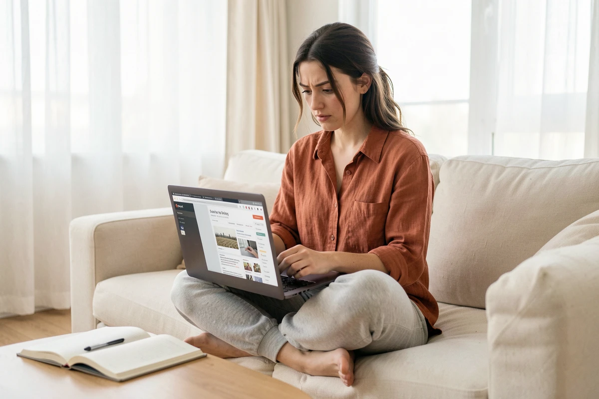 Jeune femme lisant un avis sur une plateforme de marketing digital sur son ordinateur portable depuis son salon