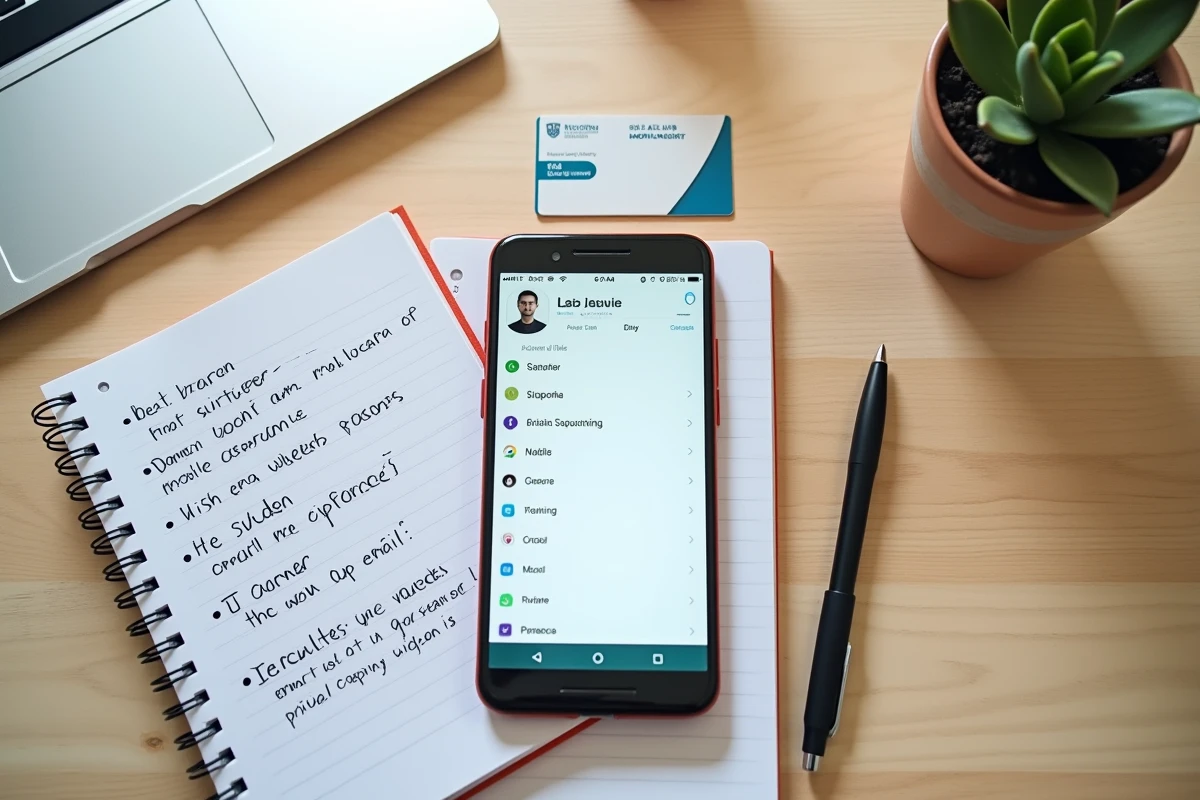 Vue aérienne d'un bureau étudiant avec smartphone affichant une boîte mail universitaire et notes comparant Zimbra et Gmail