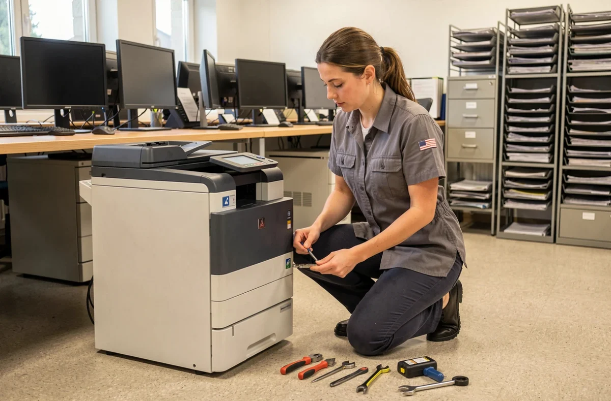 Technicienne Buroinfo effectuant la maintenance d'une imprimante multifonction dans un bureau du Doubs