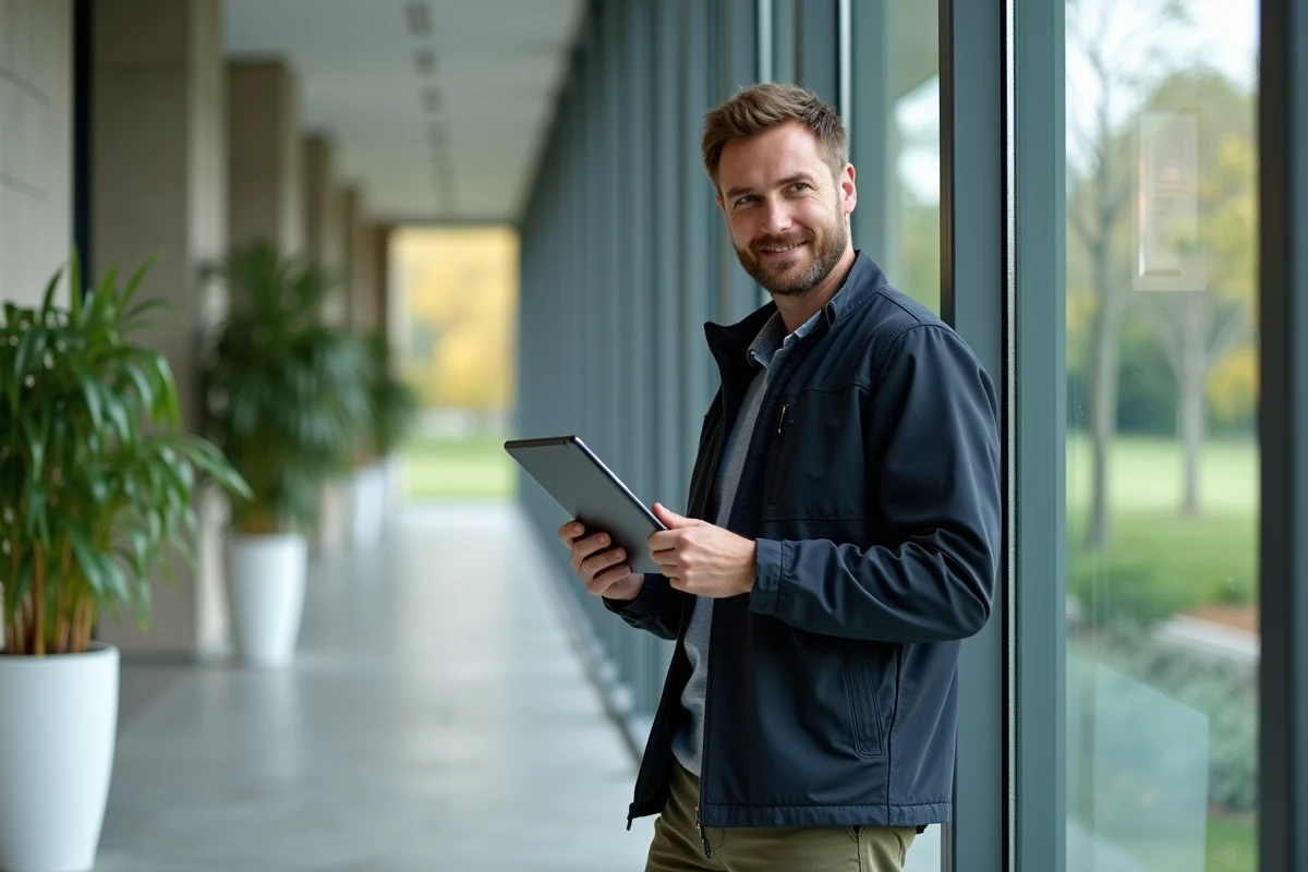 Chercheur consultant sa messagerie universitaire AgroParisTech sur une tablette dans un couloir de campus moderne