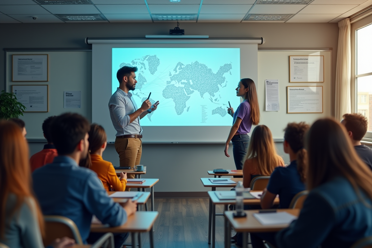 Salle de classe avec étudiants et professeur en cybersécurité
