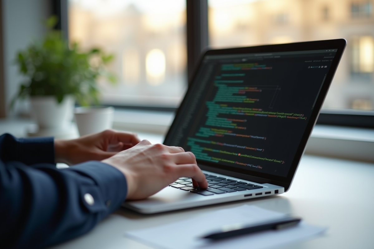 Mains tapant du code sur un ordinateur portable lumineux