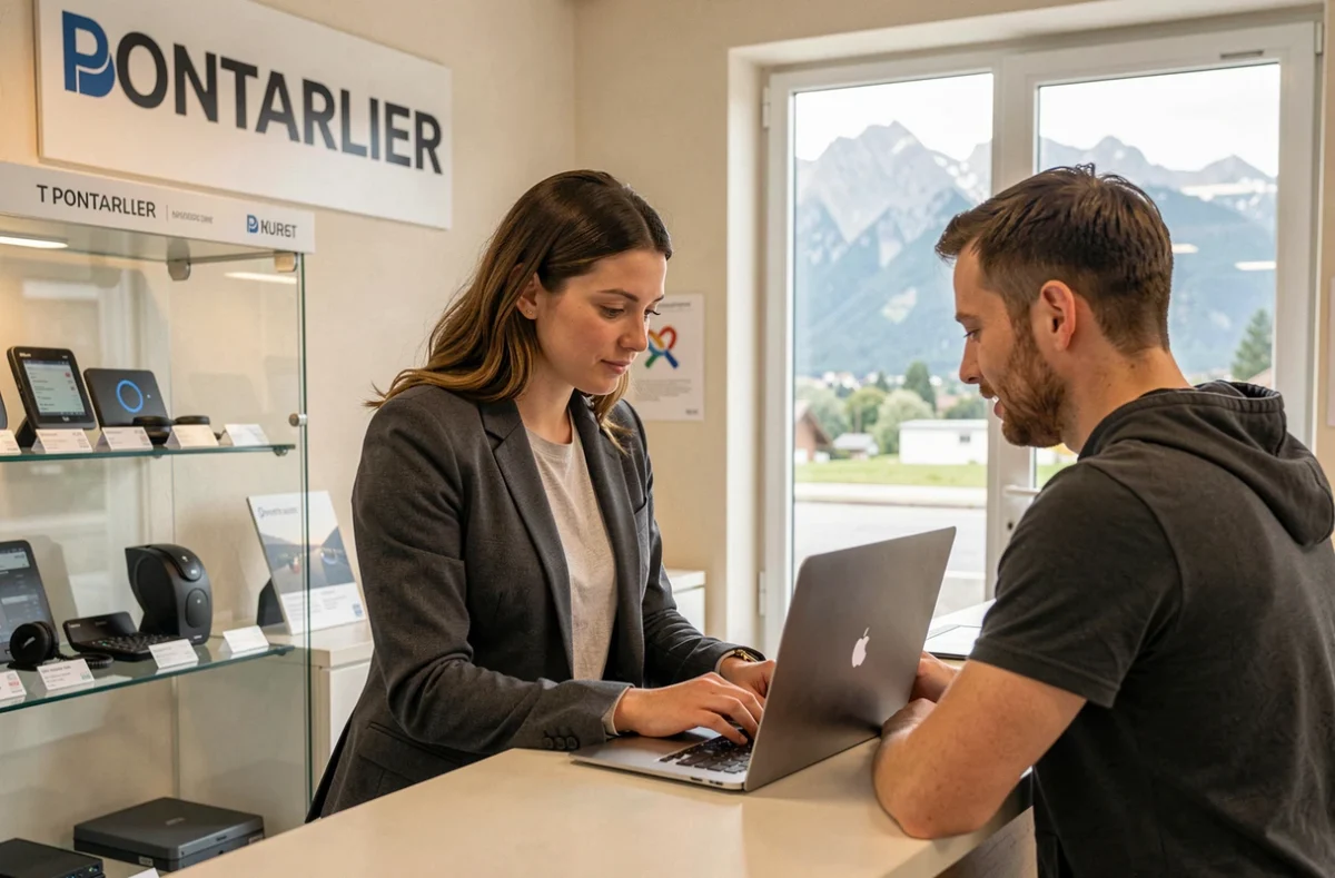 Spécialiste de Clic & Com aidant un client avec son ordinateur portable dans une boutique à Pontarlier
