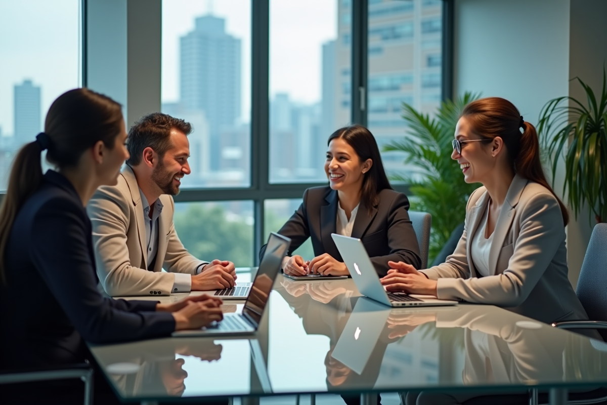 Quatre collègues discutent autour d