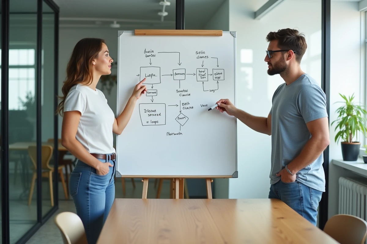 Deux développeurs collaborant devant un tableau blanc avec un schéma de logique de boucle Python et remplacement de drapeau booléen