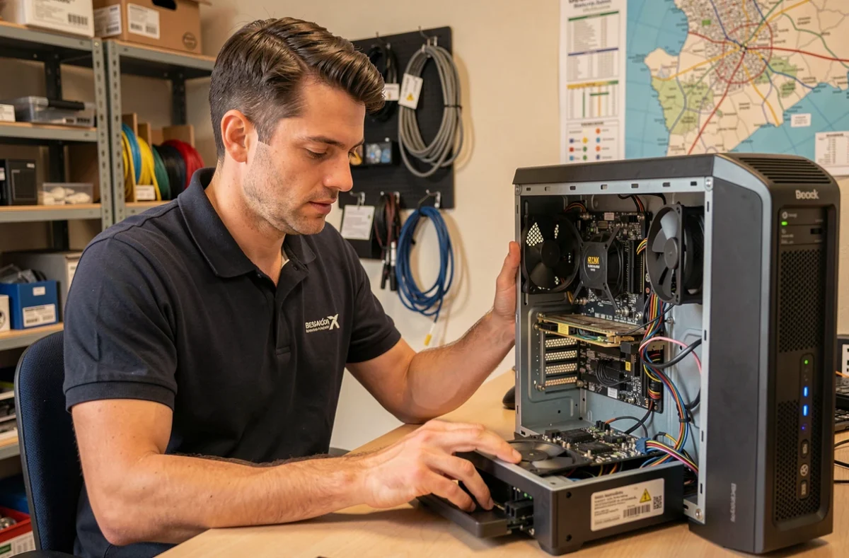 Technicien informatique de Comete Infosysteme diagnostiquant un ordinateur de bureau à Besançon