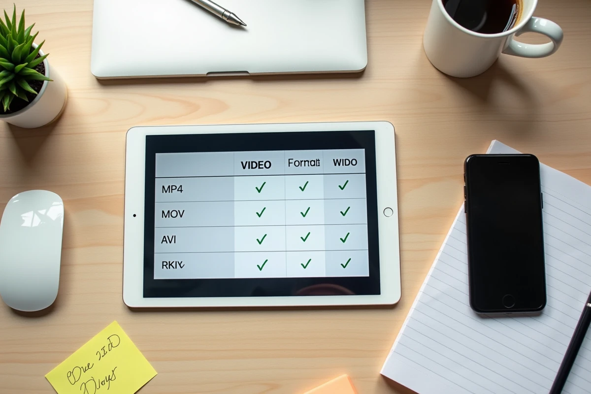 Vue aérienne d'un bureau avec une tablette affichant une comparaison des formats vidéo MP4, MOV et AVI pour choisir le bon format avant le montage
