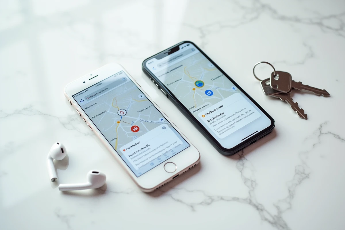 Comparaison côte à côte entre iCloud et une application de localisation iPhone tierce sur deux smartphones posés sur marbre