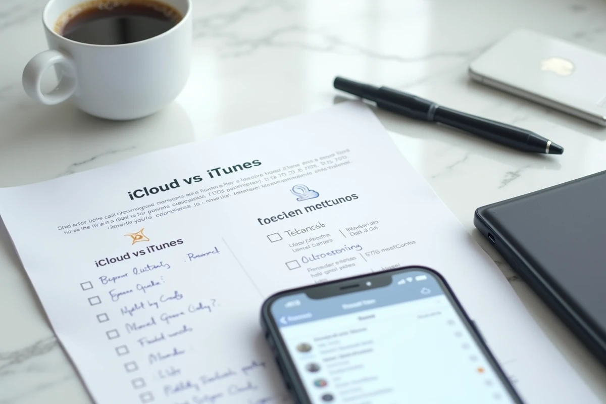 Comparaison iCloud et iTunes pour récupérer des SMS iPhone, vue flatlay avec notes manuscrites