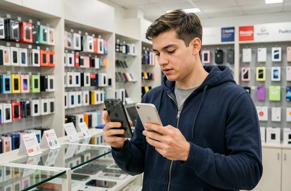 Jeune homme comparant deux iPhone dans une boutique de reconditionnement avant d'opter pour une assurance