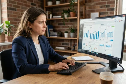 Femme entrepreneur analysant une comparaison de plateformes marketing en ligne sur son ordinateur dans un bureau moderne