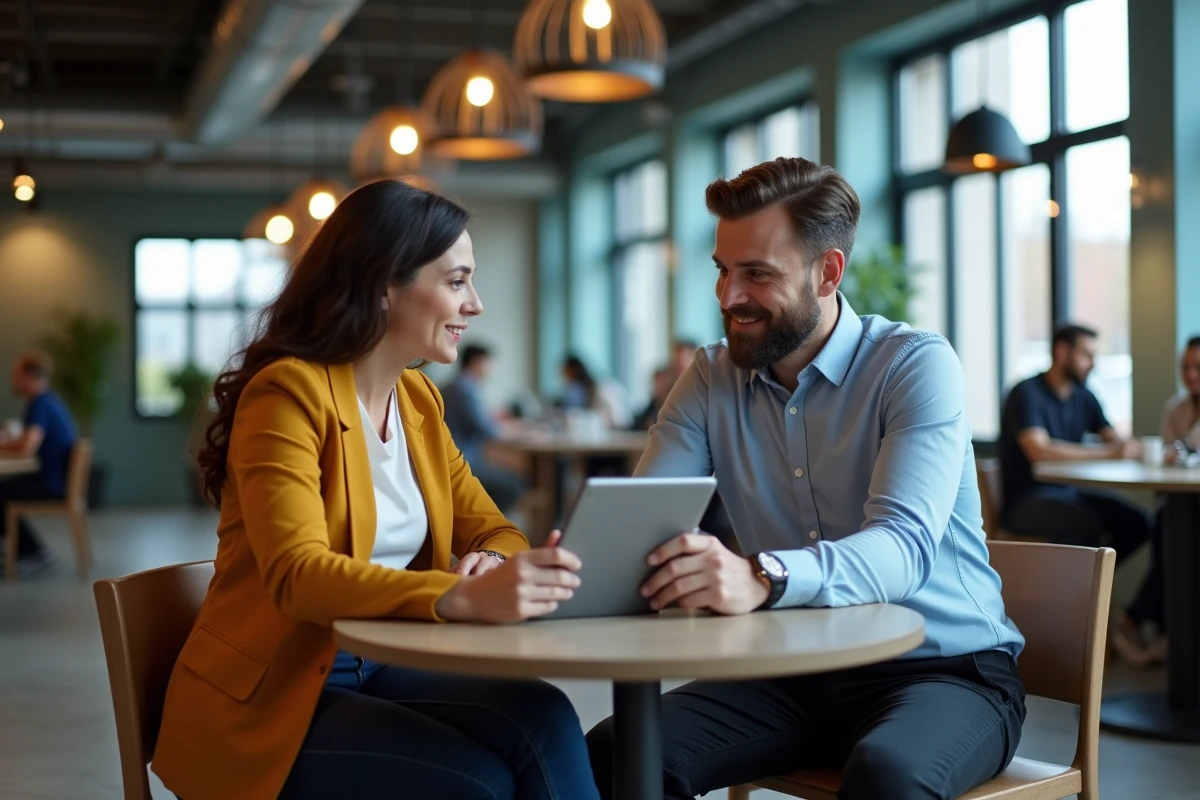 Deux professionnels comparant les prix et forfaits d'outils d'intelligence artificielle sur une tablette dans un espace de coworking moderne