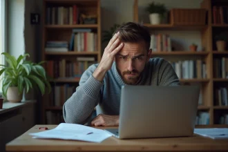 Homme frustré devant une erreur de connexion ADSL sur son ordinateur portable à la maison
