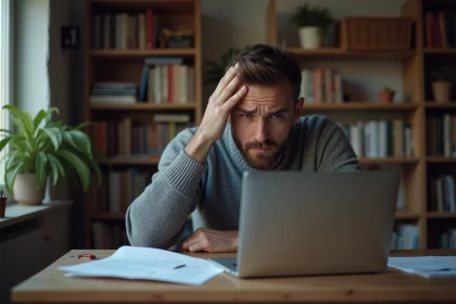 Homme frustré devant une erreur de connexion ADSL sur son ordinateur portable à la maison