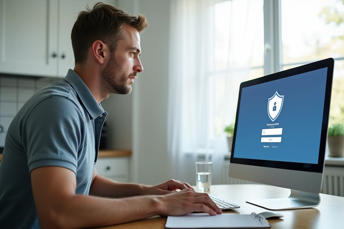 Homme se connectant à un portail intranet éducatif depuis son domicile sur un ordinateur de bureau