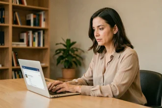Femme professionnelle connectée à son webmail sur un ordinateur portable dans un bureau calme et organisé
