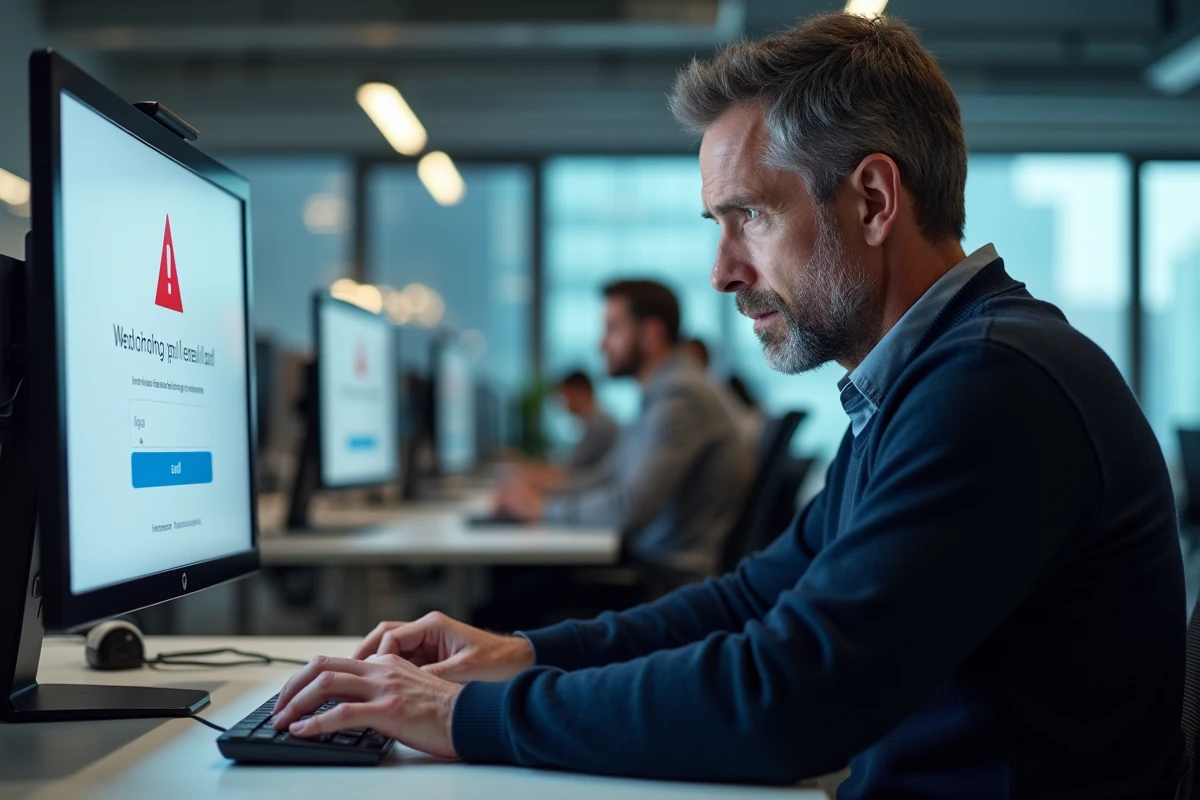 Homme en open space professionnel confronté à une notification d'erreur sur une page de connexion webmail