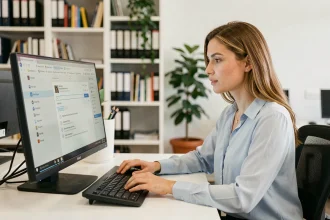Nouvelle employée de l'académie de Toulouse se connectant à sa messagerie webmail depuis un ordinateur de bureau dans un bureau administratif moderne
