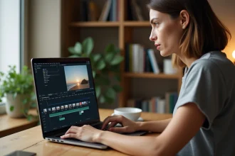 Femme en train de convertir des fichiers vidéo en MP4 sur un logiciel de montage vidéo installé sur un ordinateur portable