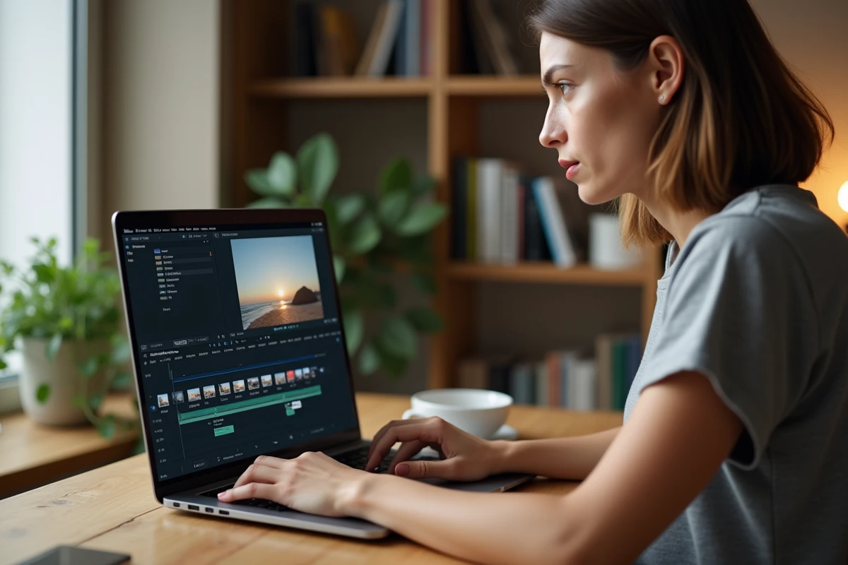 Femme en train de convertir des fichiers vidéo en MP4 sur un logiciel de montage vidéo installé sur un ordinateur portable