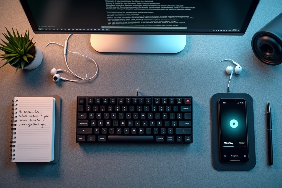 Bureau avec clavier, smartphone et notes sur la protection des données lors d'une conversion YouTube MP3