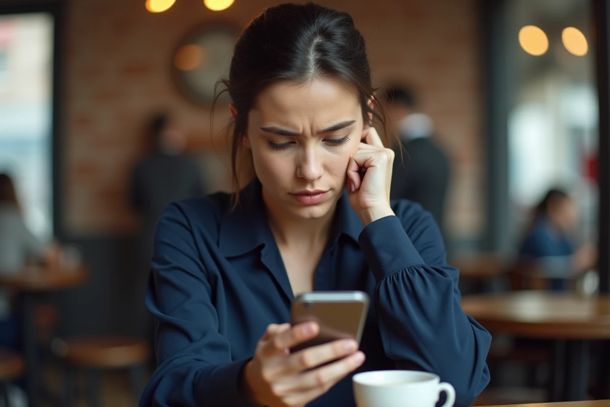 Femme vérifiant la sécurité d'un convertisseur YouTube MP3 sur smartphone dans un café