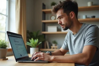 Homme utilisant un convertisseur YouTube MP3 sur son ordinateur portable tout en vérifiant la sécurité du site