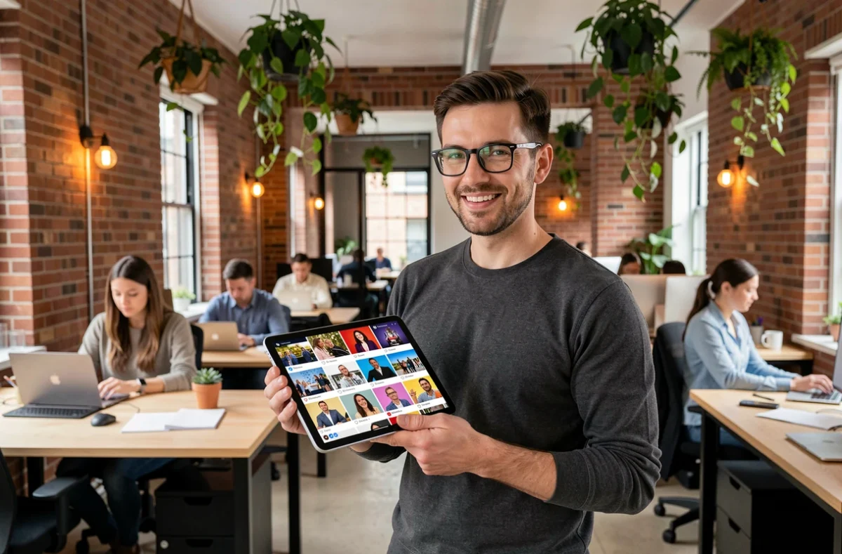 Créateur de contenu masculin dans un espace de coworking utilisant une tablette pour générer des visuels IA viraux