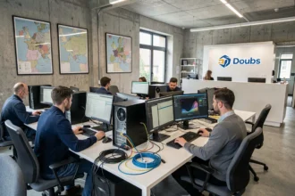 Vue d'ensemble d'un bureau de dépannage informatique dans le Doubs avec techniciens et postes de travail équipés