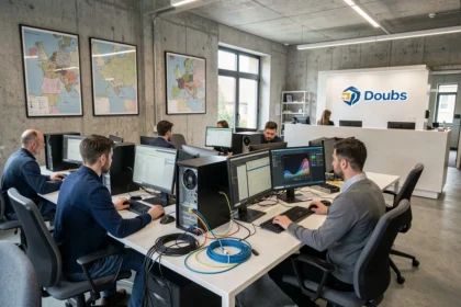 Vue d'ensemble d'un bureau de dépannage informatique dans le Doubs avec techniciens et postes de travail équipés