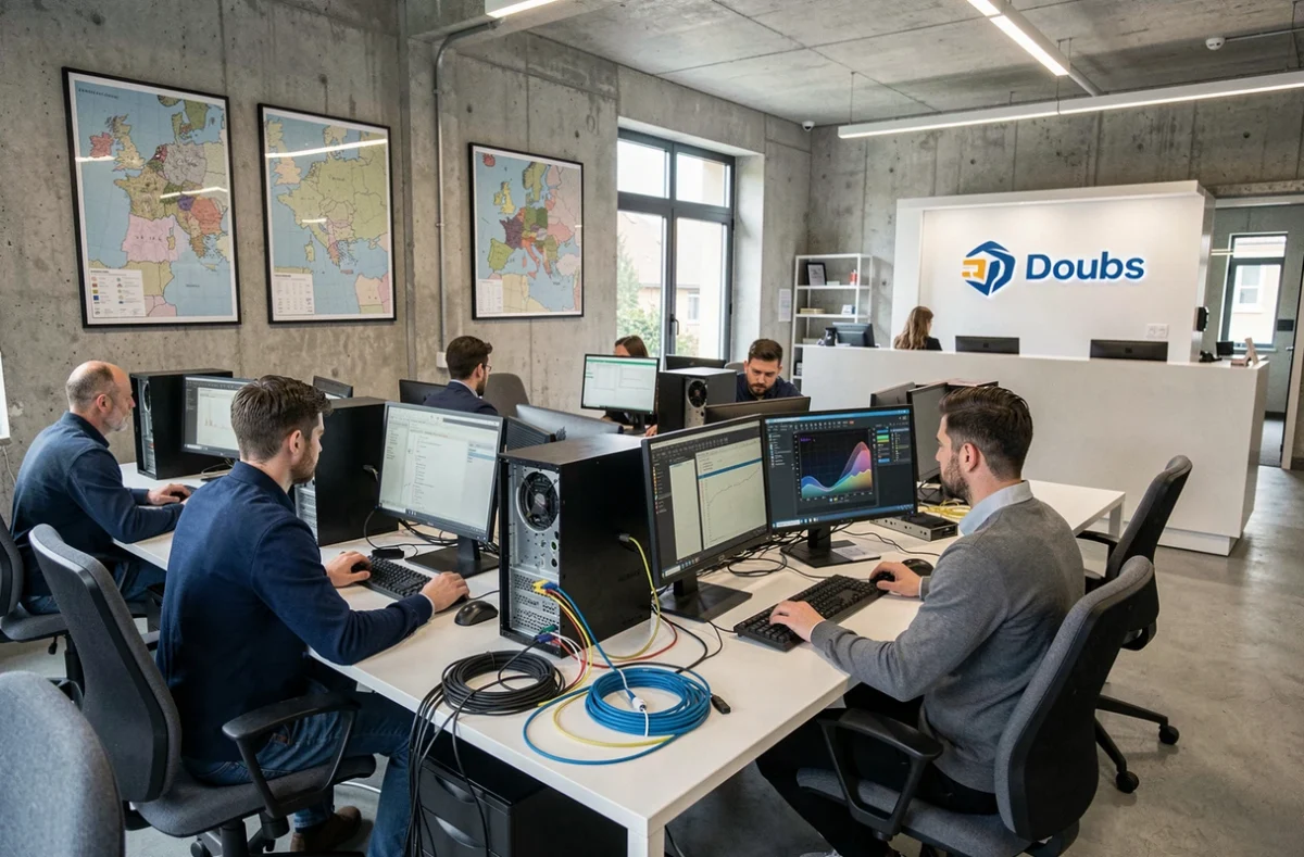 Vue d'ensemble d'un bureau de dépannage informatique dans le Doubs avec techniciens et postes de travail équipés