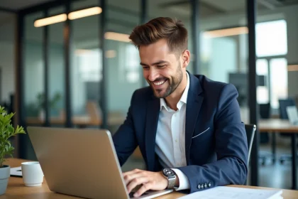 Jeune homme professionnel construit une landing page sur son ordinateur