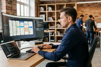 Développeur mobile roumain travaillant sur une application B2B sur mesure dans un bureau moderne à Bucarest